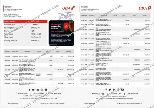 Nigeria United Bank for Africa bank statement Word and PDF template, 2 pages